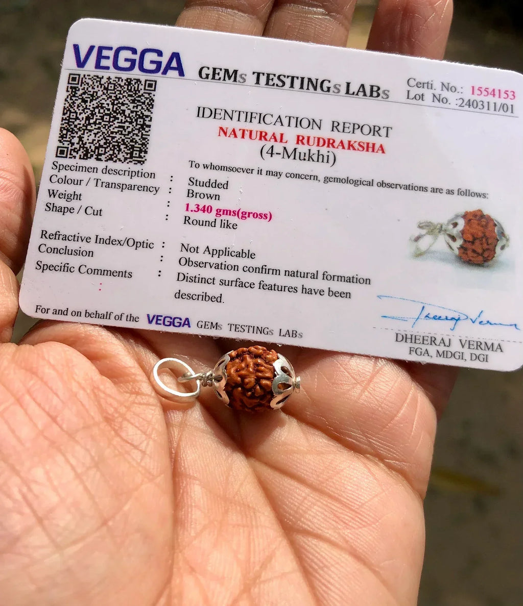 Lab Certified 925 Silver + 4 Mukhi RUDRAKSHA Panchmukhi Rudraksh 4 Face Rudraksham (10mm) Pendant Yoga Prayer Healing, Health, Kids, Adults